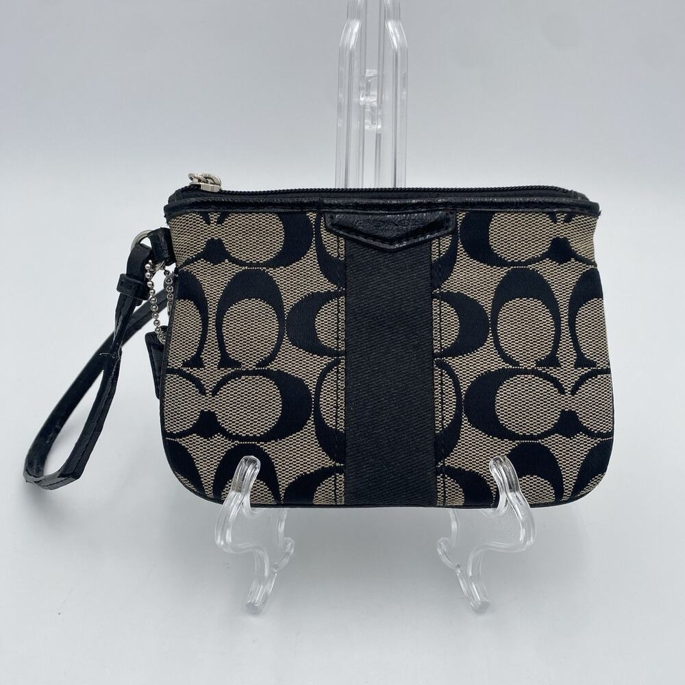 Coach Wristlet Wallet Black Tan Signature Stripe Logo C Jacquard Patent Leather